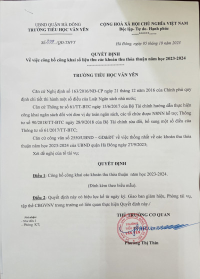 QĐ công khai các khoản thu thỏa thuận năm học 2023-2024