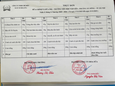 Thực đơn ăn bán trú học sinh tuần 11