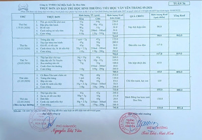 Thực đơn ăn bán trú học sinh Tuần 36 từ ngày 18-22/5/2026