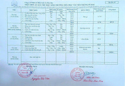 Thực đơn ăn bán trú học sinh Tuần 37 từ ngày 25-28/5/2026