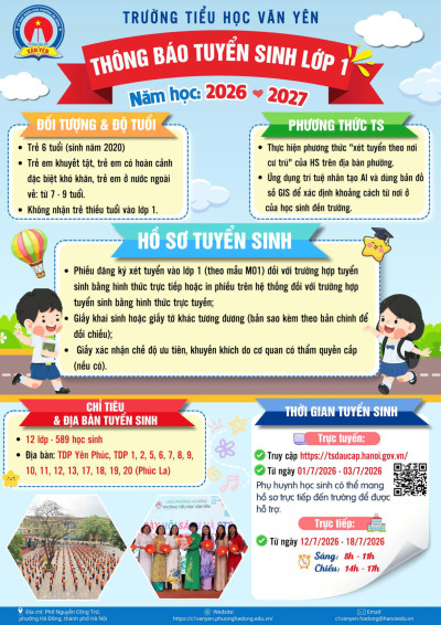 Thông báo tuyển sinh lớp 1 năm học 2026-2027